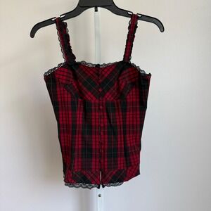 Niki Biki sz S Plaid Corset Tank Top Y2K  Lace Trim Button‎ Front Bustier